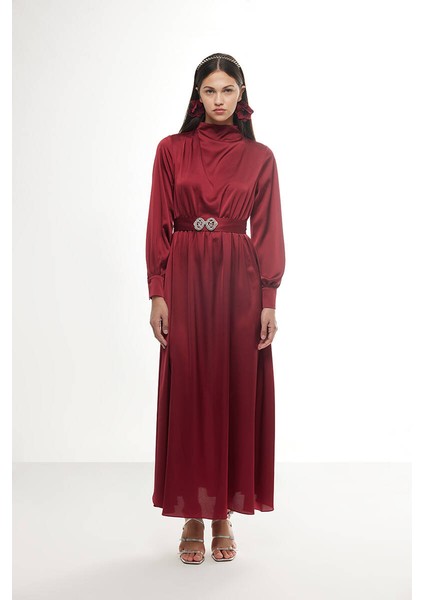 Bordo Taşlı Saten Elbise
