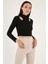 Esnek Slim Fit Cut Out Pencereli Dik Yaka Crop Bluz Bayan Bluz 5865348 4