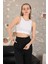 Kaşkorse Kumaş Halter Yaka Kolsuz Kadın Crop-Beyaz 1