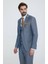 Erkek Gri Mavi Slim Fit Yelekli Takım Elbise 3