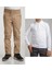 Unisex Çocuk Ribana Bel Keten Bej Okul Pantolonu + Polo Yaka Uzun Kol T-Shirt 1