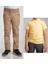Unisex Çocuk Ribana Bel Keten Bej Okul Pantolonu + Polo Yaka Kısa Kol T-Shirt 1