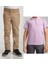 Unisex Çocuk Ribana Bel Keten Bej Okul Pantolonu + Polo Yaka Kısa Kol T-Shirt 1
