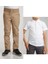 Unisex Çocuk Ribana Bel Keten Bej Okul Pantolonu + Polo Yaka Kısa Kol T-Shirt 1