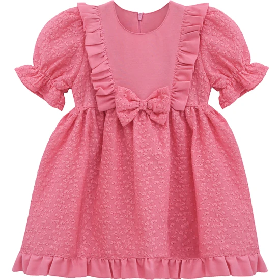 Lilax Kız Bebek Pamuklu Elbise Kurdela Balon Kollu Günlük Şık Rahat Yazlık Elbise