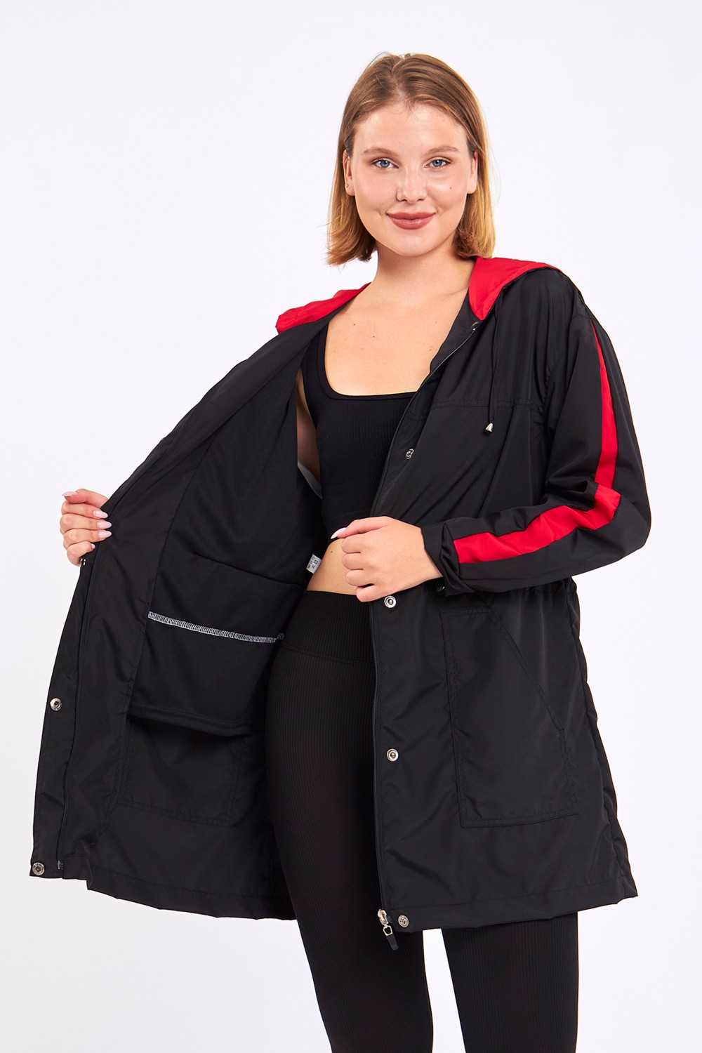 Moda Tuğram Micro Midi Siyah Kolları Detaylı Yağmurluk & Rüzgarlık