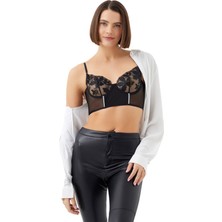 Cottonhill Siyah Çiçek Nakışlı Balenli Taş Detaylı Ayarlanabilir Askılı Kadın Bralet Büstiyer