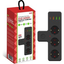 Megamus Ftr-12 3'li Termal Akım Korumalı Priz 3 USB 1 Type-C 20W Pd Giriş