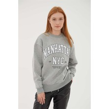 Fashion Friends Bisiklet Yaka Baskılı Sweat Gri Melanj