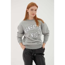 Fashion Friends Bisiklet Yaka Baskılı Sweat Gri Melanj