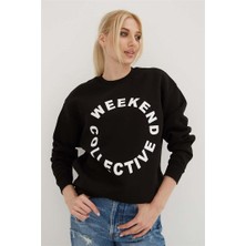 Fashion Friends Bisiklet Yaka Baskılı Sweat Siyah