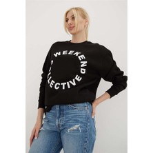 Fashion Friends Bisiklet Yaka Baskılı Sweat Siyah