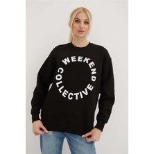 Fashion Friends Bisiklet Yaka Baskılı Sweat Siyah