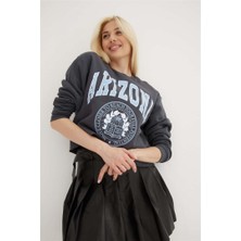 Fashion Friends Baskılı Crop Sweat Antrasit