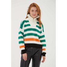 Fashion Friends Yakası Fermuarlı Crop Kazak Yeşil