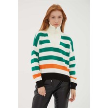 Fashion Friends Yakası Fermuarlı Crop Kazak Yeşil
