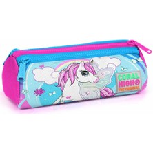Coral High Kids Üç Bölmeli Kalem Kutusu Mavi Neon Pembe Unicorn Desenli 22011