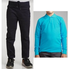 Mavimoure Çocuk Ribana Bel Keten Siyah Okul Pantolonu + Polo Yaka Uzun Kol T-Shirt