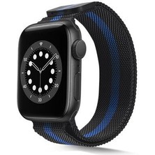 Apple Watch Seri 2/3/4/5/6/7/8/se 38MM-40MM-41MM Uyumlu Hasır Metal Kordon Siyah-Mavi