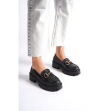 Mubiano MB1180-S Kalın Taban Siyah Kadın Tokalı Kolej Loafer