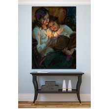 Morfil Sanat Atölyesi Mum Işığında Kitap Okuyan Kızlar Yağlıboya Efektli Kanvas Tablo  (8 Farklı Ölçü)
