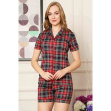 Alimer Ekose Desenli Önden Düğmeli Gömlek Yaka Kısa Kollu Kadın Şort Takımı 2523KK-E