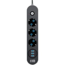 Megamus Akım Korumalı 3'lü Grup Priz 1 Mini LED Uzatma Kablosu 3x USB 3x Anahtar 2 m Kablo 2500W