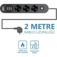 Megamus Akım Korumalı 3'lü Grup Priz 1 Mini LED Uzatma Kablosu 3x USB 3x Anahtar 2 m Kablo 2500W