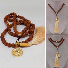 Yaşam Tohumu Rudraksha Tohumlu Krem Püsküllü Göz Aparatlı 108'LIK Tibet Stili el Yapımı Mala Kolye