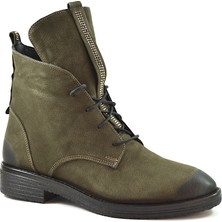 Beety PZ.6235 Hakiki Yağlı Deri Haki Taşlı Fermuarlı Kadın Postal Bot