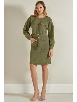 Guitar Balon Kollu Yeşil Örme Elbise