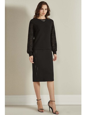 Guitar Taş Detaylı Siyah Örme Etek