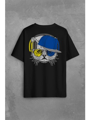 Kendim Seçtim Cat Glasses Gözlüklü Sarı Lacivert Fenerbahçe Kedi Sırt Ön Baskılı Oversize Tişört T-Shirt