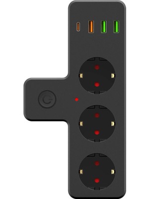 Megamus Ftr-12 3'li Termal Akım Korumalı Priz 3 USB 1 Type-C 20W Pd Giriş Siyah