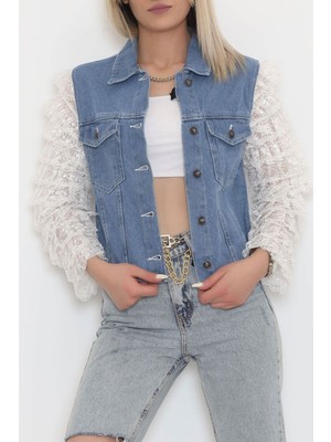 Işıltı Moda Kolları Dantelli Kot Ceket Mavi - 2115.1367.