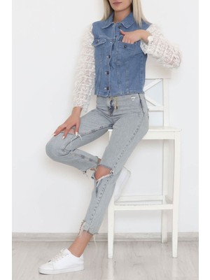 Işıltı Moda Kolları Dantelli Kot Ceket Mavi - 2115.1367.