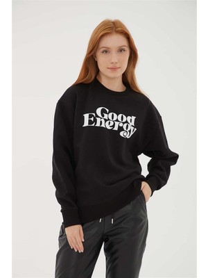 Fashion Friends Bisiklet Yaka Baskılı Sweat Siyah