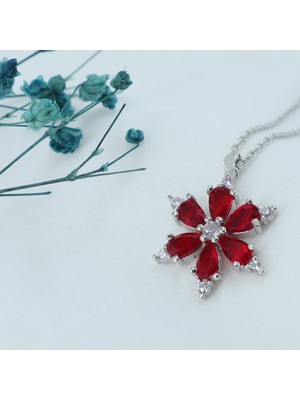 Neva Jewelry 925 Ayar Favori Kırmızı Lotus Çiçeği Modelli Gümüş Kolye