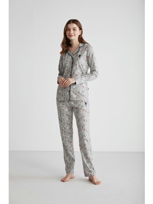 U.S. Polo Assn.   Kadın Gri Melanj Boydan Patlı Pijama Takımı  16966