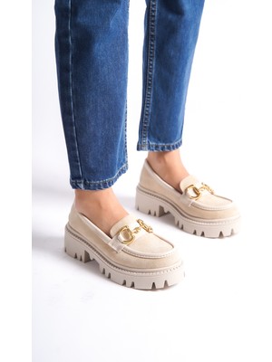 Mubiano MB1170-BJ Kalın Taban Lüx Süet Tokalı Bej Kadın Kolej Loafer