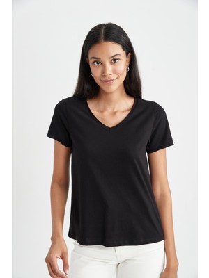 DeFacto Regular Fit V Yaka Kısa Kollu %100 Pamuk Tişört K1507AZ23SM