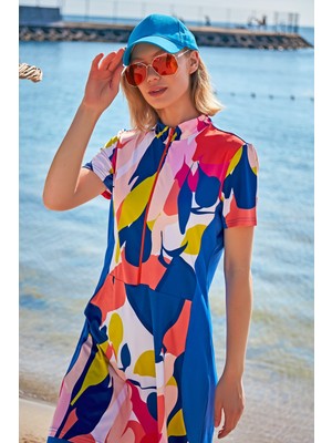 Marina Desenli Saks Taytlı Yarı Kapalı Mayo M2371