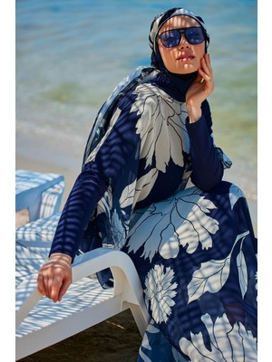 Marina Çiçekli Lacivert Pareo Kaftan P2348