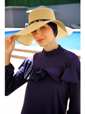 Marina Ponpon Şeritli Geniş Hasır Bej Şapka 1423216