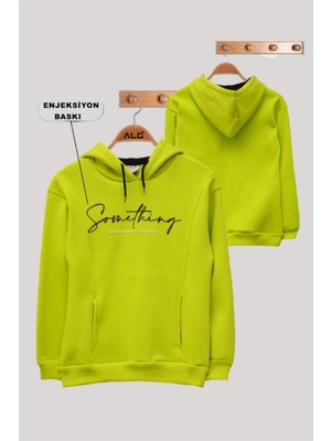 ALG Unisex Yazı Baskılı Kapüşonlu Şardonlu Sweatshirt423582 Neon Yeşil