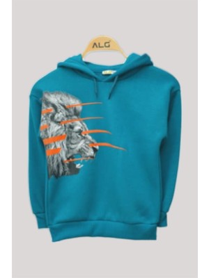 Alg Erkek Çocuk Aslanlı Şardonlu Kapüşonlu Sweatshirt 223649 Zümrüt Yeşil