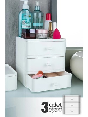 Lorelife Lorebox 3lü Takı Makyaj ve Kozmetik Düzenleyici Çekmeceli Ofis Masa Organizeri Saklama Kutusu Beyaz