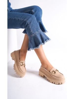 Mubiano MB1180-N Kalın Taban Nude Tokalı Kadın Kolej Loafer