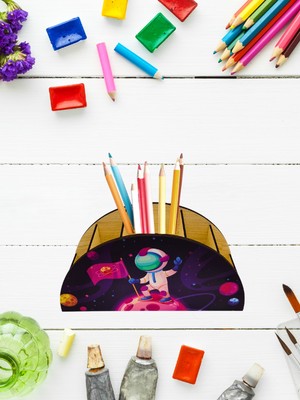 Berenden Ahşap Kalemlik & Organize 27x13,5x7,5 cm Çocuklar İçin Renkli Astronot Temalı