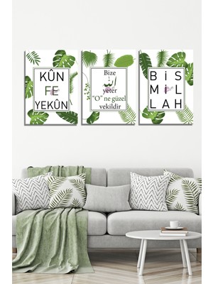 Morfil Sanat Atölyesi Bize Allah Yeter Kun Feyekun Bismillah Islami Dini Hat Kanvas Tablo Seti (5 Farklı Ölçü)